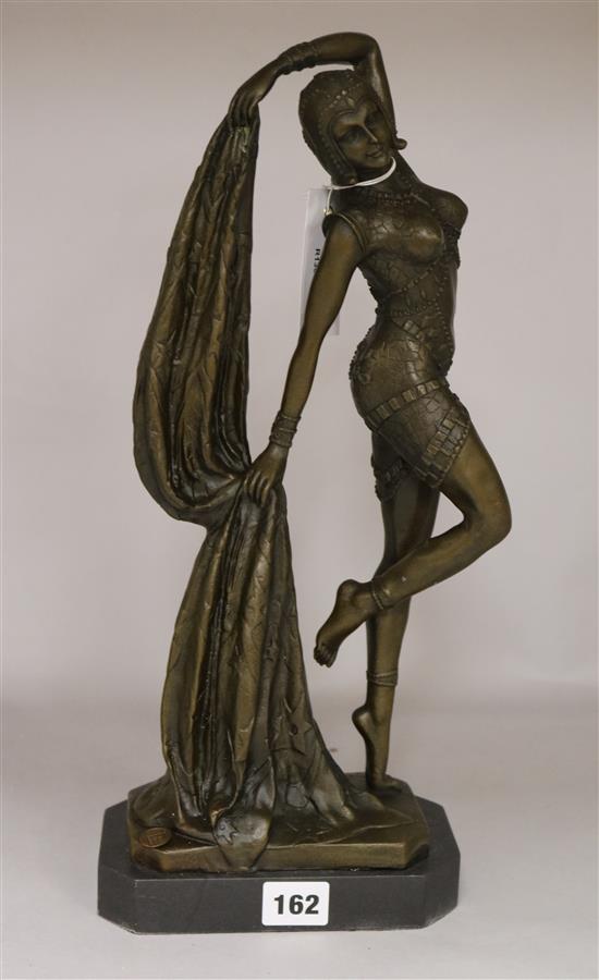 After Demetre Chiparus. A bronze Egyptian dancer with a shawl, height 42cm